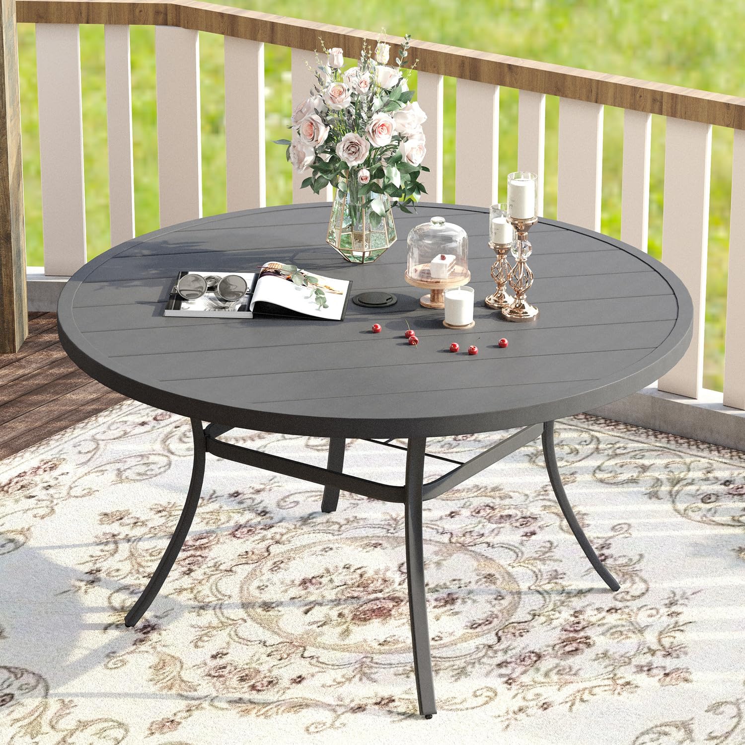 Vicllax 53' Outdoor Round Patio Table For Lawn Garden, All Weather Metal Black Round Patio Dining Table With Adjustable Umbrella Hole, Patio Table For 8 Person, Grey Tabletop